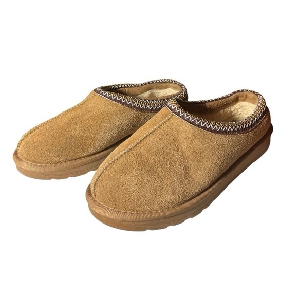Faux Fur Linked Womens Slippers Brown Suede Cozy Warm Rubber Sole Size 10.5 - Picture 1 of 6